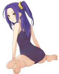  ass bad_id bad_pixiv_id bare_legs barefoot competition_school_swimsuit feet female full_body kurokawa_eren long_hair looking_back minatsuki_randoseru one-piece_swimsuit one_side_up precure purple_hair purple_one-piece_swimsuit school_swimsuit seiren_(suite_precure) sitting soles solo suite_precure swimsuit wariza wavy_mouth white_background yellow_eyes 