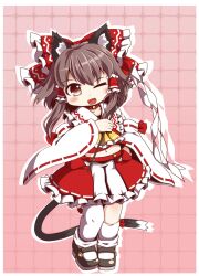  animal_ears ascot asymmetrical_legwear bell blush bow brown_hair cat_ears cat_tail chibi collar commentary_request detached_sleeves dnk female gohei hair_tubes hairbow hakurei_reimu kemonomimi_mode kneehighs mary_janes navel neck_bell one_eye_closed open_mouth red_bow shirt shoes single_kneehigh single_sock single_thighhigh skirt skirt_set smile socks solo tail thighhighs touhou uneven_legwear white_socks white_thighhighs 