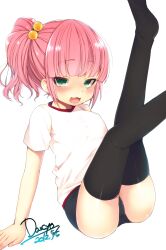  :3 bad_id bad_pixiv_id black_buruma black_thighhighs blush buruma dancho_(dancyo) dated female green_eyes gym_uniform hair_bobbles hair_ornament highres legs_up looking_at_viewer naughty_face no_shoes open_mouth original pink_hair signature simple_background sitting solo thighhighs white_background 