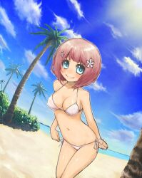  absurdres bad_id bad_pixiv_id bare_shoulders beach bikini blue_eyes blush breasts cleavage cloud day female flower groin hair_flower hair_ornament highres large_breasts leaning_forward looking_at_viewer miyamae_porin navel open_mouth original outdoors palm_tree pink_hair side-tie_bikini_bottom sky solo swimsuit tree water white_bikini 