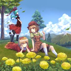  3girls aki_minoriko aki_shizuha bad_id bad_pixiv_id blue_sky boots brown_hair cloud dandelion day dress eno_(whiskeyne) flower forest front_ponytail grass green_hair hair_ornament hat head_rest kagiyama_hina kneehighs leaf leaf_on_head long_hair lying mountain multiple_girls nature on_stomach orange_hair outdoors short_hair siblings sisters sitting sky socks touhou tree white_legwear wind 