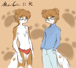  anthro briefs canid canine canis clothing domestic_dog duo eyewear footprint glasses heart_symbol male mammal markings michael_(disambiguation) michael_collin model_sheet pawprint pawprint_(marking) taethefox tail underwear yannlian young young_anthro 