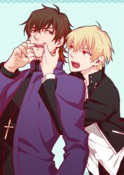  2boys bad_id bad_pixiv_id blonde_hair brown_eyes brown_hair cassock casual cross fate/stay_night fate_(series) gilgamesh_(fate) gilgamesh_(immoral_biker_jacket)_(fate) jewelry kotomine_kirei male_focus mouth_pull multiple_boys necklace official_alternate_costume photoshop_(medium) red_eyes yuuto_(sky_cloister) 