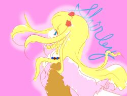  blonde_hair blue_eyes breasts f&ouml;ower female flower long_hair pink_background shirley_fennes smile tales_of_(series) tales_of_legendia 