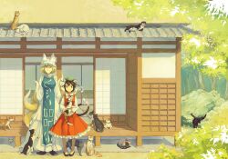  2girls animal_ears blonde_hair brown_eyes brown_hair building cat_ears cat_tail chen commentary_request earrings feline flats fox_tail hat holding jewelry multiple_girls multiple_tails nakatani_nio single_earring tail too_many too_many_cats touhou tree yakumo_ran yellow_eyes 