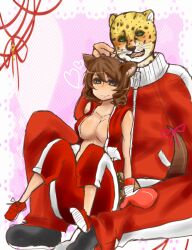  1boy ahoge animal_ears bad_id bad_pixiv_id boxing_gloves breasts female green_eyes heart highres jaguar junior_(namatamemisa) kangaroo kangaroo_girl king_(tekken) large_breasts mask no_bra open_clothes open_vest pants personification ribbon roger&#039;s_wife_(tekken) short_hair sitting sitting_on_lap sitting_on_person size_difference tail tail_ornament tail_ribbon tekken track_pants track_suit vest 