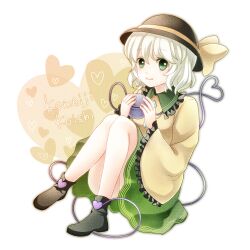  bad_id bad_pixiv_id blush character_name eyeball female fuusha green_eyes green_hair hat heart heart_of_string komeiji_koishi lowres ribbon short_hair sitting skirt smile solo third_eye touhou white_hair 