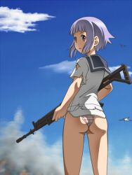  ass assault_rifle awa bob_cut cloud day female fn_fnc fnc_(upotte!!) gun panties rifle short_hair silver_hair solo striped_clothes striped_panties t-back underwear upotte!! weapon 