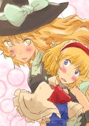  2girls alice_margatroid bad_id bad_pixiv_id blonde_hair blue_eyes blush capelet hairband hat highres kirisame_marisa long_hair multiple_girls non_(z-art) open_mouth ribbon short_hair touhou witch_hat yellow_eyes 