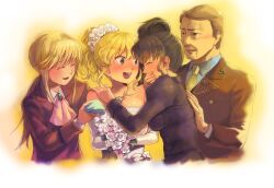  2boys 2girls androgynous bare_shoulders blonde_hair bouquet brown_hair collarbone commentary_request dress flower formal furutachirikonbu jewelry multiple_boys multiple_girls necklace necktie ponytail suit umineko_no_naku_koro_ni ushiromiya_jessica ushiromiya_krauss ushiromiya_lion ushiromiya_natsuhi wedding_dress 