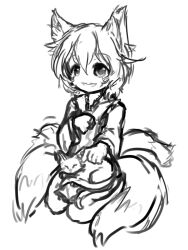  aged_down animal animal_ears animal_on_lap arceonn bad_link cat_ears cat_on_lap chen chen_(cat) feline female fox_ears fox_tail greyscale monochrome multiple_tails on_lap seiza short_hair sitting solo tail touhou yakumo_ran 