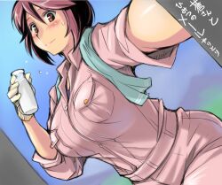  aged_up bottle breasts brown_eyes brown_hair cosplay female gloves idolmaster idolmaster_cinderella_girls jumpsuit large_breasts milk milk_bottle no_heterochromia oikawa_shizuku oikawa_shizuku_(cosplay) reaching reaching_towards_viewer rozen_maiden selfie short_hair sleeves_rolled_up solo souseiseki sweatdrop towel translated tsuda_nanafushi 