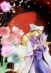  blonde_hair chinese_peony commentary_request falling_petals female floral_background flower fox_mask fox_tail hands_up hat hat_tassel highres holding holding_mask holding_umbrella lily_(flower) long_sleeves mask mob_cap multiple_tails nakarai_takumi obi oil-paper_umbrella peony_(flower) petals pink_flower purple_sash red_umbrella sash solo tail tassel touhou umbrella umbrella_over_shoulder white_hat white_lily wide_sleeves yakumo_ran yellow_eyes 