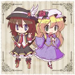  2girls :d blonde_hair blue_eyes boots brown_hair capelet chibi commentary_request flower fushigi_ebi green_eyes hat hat_flower maribel_hearn multiple_girls necktie open_mouth smile striped striped_background touhou usami_renko vertical_stripes 