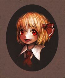  ascot blonde_hair border commentary_request female hair_ribbon highres oerba_yun_fang open_mouth photoshop_(medium) portrait red_eyes ribbon rumia shirt short_hair smile solo spark621 touhou 