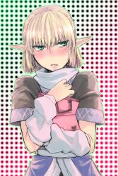  bad_id bad_pixiv_id bag blonde_hair blush embarrassed female highres hinomoto_madoka holding lips mizuhashi_parsee pointy_ears short_hair solo touhou 