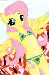  2012 absurd_res bed bikini blue_eyes cloth clothed clothing cutie_mark equid equine female fluttershy_(mlp) friendship_is_magic furniture hair hasbro heart_symbol hi_res horse junglepony long_hair looking_at_viewer mammal my_little_pony mythological_creature mythological_equine mythology navel panties pegasus pillow pink_hair pony skimpy smile solo swimwear underwear wing_boner wings 