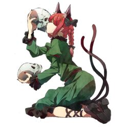  animal_ears bow braid breasts cat_ears cat_tail closed_eyes commentary_request dress extra_ears female hairbow high_heels hirasaka_ine holding holding_skull kaenbyou_rin kissing kissing_skull kneeling long_hair medium_breasts multiple_tails nail_polish pointy_ears profile pumps red_hair red_nails simple_background skull solo tail touhou twin_braids white_background 