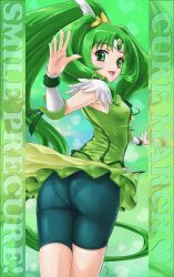  armpits ass bike_shorts bike_shorts_under_skirt character_name commentary_request copyright_name cure_march eyelashes female green_background green_eyes green_hair green_skirt green_theme highres long_hair looking_back midorikawa_nao open_mouth pantylines precure rasukaru skirt smile_precure solo tiara very_long_hair wrist_cuffs 