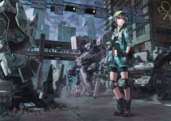  3girls aircraft armored_core armored_core_5 backpack bad_id bad_pixiv_id bag battlefield bike_shorts black_gloves black_hair blue_eyes blue_hair boots brown_hair building city copyright_name crack crossover dark_haired_kappa dog_tags elbow_pads english_text extra fingerless_gloves flower gatling_gun glasses glasses_kappa gloves ground_shatter gun hair_bobbles hair_ornament hat headset helicopter highres jacket kappa_mob_(touhou) kawashiro_nitori knee_pads kurione_(zassou) mecha military_operator military_vehicle multiple_girls open_clothes open_jacket pointing rifle road_sign robot rubble ruins science_fiction shell_casing short_hair shorts sign sleeves_pushed_up thighhighs touhou traffic_light two_side_up weapon 