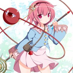  alchemist bag blush commentary_request female hairband heart highres komeiji_satori md5_mismatch nikku_(ra) pink_eyes pink_hair pink_skirt shirt shoulder_bag skirt solo staff third_eye touhou 