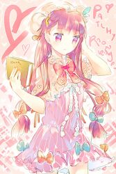  :&lt; alternate_costume arm_up book bow capelet character_name crescent dress hair_ornament hairbow hat heart holding long_hair namie-kun pajamas patchouli_knowledge purple_dress purple_eyes purple_hair short_dress solo striped striped_dress touhou vertical_stripes 