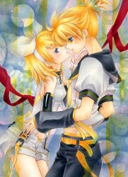  1boy aoi_yuuka_(ao_no_kokoro) belt blonde_hair blue_eyes blush bow brother_and_sister buckle commentary_request elbow_gloves female gloves imminent_kiss incest kagamine_len kagamine_rin short_hair shorts siblings straight twincest twins vocaloid 