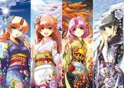  4girls :p autumn black_hair blue_eyes breath brown_eyes cherry_blossoms cloud commentary_request flower food fur furisode grey_eyes hair_flower hair_ornament japanese_clothes kimono leaf maple_leaf multiple_girls night night_sky obi open_mouth orange_eyes orange_hair original petals photoshop_(medium) pink_hair ponytail popsicle red_hair sash seasons sky snow spring_(season) summer sun tongue tongue_out tree winter yuu_(yuyukaikan) 