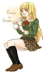  bad_id bad_pixiv_id blonde_hair blue_eyes bow cup female kneehighs lili_(tekken) long_hair maratang panties pantyshot plaid plaid_skirt school_uniform sitting skirt socks solo teacup tekken underwear 