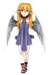  angel angel_wings bare_shoulders blonde_hair blue_eyes commentary_request dress earrings female hair_ornament jewelry long_hair nemeko open_mouth original pointy_ears sandals solo wings 