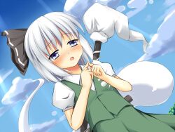  blue_eyes blush cloud commentary_request day female fingers_together hitodama hoshizuki_(seigetsu) index_fingers_together konpaku_youmu konpaku_youmu_(ghost) scabbard sheath sheathed sky solo touhou white_hair 