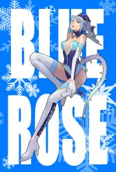  bad_id bad_pixiv_id bare_shoulders blue_eyes blue_hair blue_rose blue_theme boots breasts character_name cleavage crystal_earrings earrings elbow_gloves female gloves gun hat high_heels jewelry karina_lyle leg_up legs lipstick logo long_legs looking_at_viewer makeup medium_breasts oratorio777 pepsi_nex photoshop_(medium) product_placement shoes short_hair snowflakes solo superhero_costume thigh_boots thighhighs thighs tiger_&amp;_bunny weapon white_thighhighs zettai_ryouiki 