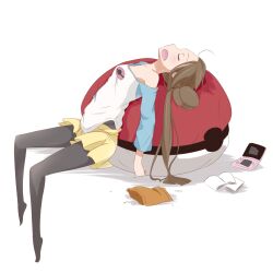  bean_bag_chair breasts brown_hair chips_(food) commentary_request double_bun doughnut_hair_bun female food hair_bun handheld_game_console highres long_hair nintendo_3ds no_shoes off_shoulder pantyhose pantyhose_under_shorts poke_ball pokemon pokemon_bw2 raglan_sleeves rosa_(pokemon) sakuragawa_mionoketsu shorts sleeping small_breasts solo 