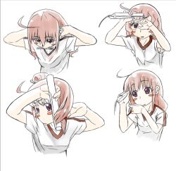  adjusting_hair ahoge blush_stickers commentary_request eyelashes female hair_straightener hoshizora_miyuki mono_(ultra-fine) mouth_hold pink_eyes pink_hair precure shirt smile_precure solo t-shirt 