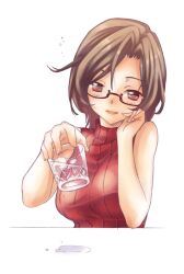  bare_shoulders blush brown_eyes brown_hair commentary_request female glass glasses head_rest holding ice ice_cube kawagoe_pochi looking_at_viewer meiko_(vocaloid) open_mouth ribbed_sweater short_hair simple_background sleeveless sleeveless_turtleneck solo sweater turtleneck vocaloid water 