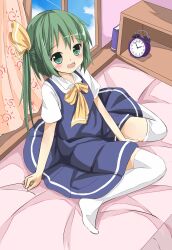  alarm_clock bad_id bad_pixiv_id between_legs blue_dress blue_sky blush book bow clock curtains daiyousei day dress female green_eyes green_hair hand_between_legs highres on_bed open_mouth revision sakuraba_hikaru_(loveindog) shirt side_ponytail sitting sky smile solo thighhighs touhou wariza white_thighhighs window zettai_ryouiki 