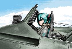  aircraft airplane cloud cockpit commentary_request day female hair_over_one_eye hatsune_miku hs_129 long_hair military mirror pilot reflector_sight rxjx sky solo upper_body vocaloid 