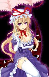  blonde_hair breast_lift breasts choker cleavage commentary_request crossed_legs dress elbow_gloves female gap_(touhou) garter_straps gloves hat hat_ribbon katagiri_chisato large_breasts long_hair looking_at_viewer open_mouth parasol purple_dress purple_eyes ribbon ribbon_choker sitting smile solo thighhighs touhou umbrella white_gloves white_thighhighs yakumo_yukari 