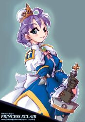  ahoge armor armored_dress braid commentary cross crown crybringer earrings eclair_(la_pucelle) english_commentary female french_braid frills gloves green_eyes jewelry la_pucelle mini_crown purple_hair short_hair solo sword watermark weapon 