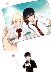  2boys ao_no_exorcist artist_request black_hair blonde_hair blue_eyes chinese_text female glasses green_eyes long_coat moriyama_shiemi multiple_boys necktie okumura_rin okumura_yukio photo_(object) pointy_ears pov ripping school_uniform short_hair striped striped_necktie 