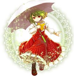  ascot commentary_request female green_hair highres kazami_yuuka light_particles parasol red_eyes shirt short_hair skirt skirt_set socha solo touhou umbrella vest 