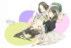  3girls :q a~chan bad_id bad_pixiv_id barefoot black_eyes black_hair black_shirt bow brown_eyes brown_hair bubble fashion grey_jacket grey_skirt group_name hairbow highres jacket kashiyuka lap_pillow long_hair long_sleeves looking_at_viewer lying multiple_girls nocchi_(perfume) on_back perfume_(band) shirt short_hair short_sleeves sitting skirt smile socks song_name tongue tongue_out white_bow white_legwear yoshito 