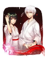  1boy bad_id bad_pixiv_id black_hair brown_eyes fatal_frame fatal_frame_2 female flower highres japanese_clothes kimono kurosawa_sae kurozatou_owata obi sash short_hair string string_of_fate tachibana_itsuki white_hair 