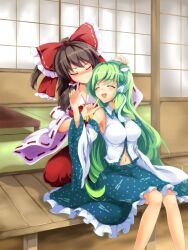  2girls bare_shoulders blush bow breasts brown_hair closed_eyes commentary_request detached_sleeves flan_(zhd91) frog_hair_ornament green_hair hair_ornament hair_tubes hairbow hakurei_reimu highres kochiya_sanae long_hair medium_breasts multiple_girls photoshop_(medium) revision sitting skirt smile snake touhou 