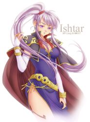  belt breasts bridal_gauntlets cape character_name cleavage commentary_request dress earrings elbow_gloves female fire_emblem fire_emblem:_genealogy_of_the_holy_war gloves grey_hair ishtar_(fire_emblem) jewelry kuroma_(einin) long_hair medium_breasts photoshop_(medium) purple_eyes side_ponytail side_slit solo 