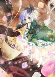  alternate_costume arm_ribbon bad_id bad_pixiv_id blue_eyes bow bowl cherry clipboard coffee cup doughnut dress female floral_print food fruit green_dress green_kimono hairbow highres japanese_clothes kedama_milk kimono konpaku_youmu long_sleeves mouth_hold obi ribbon sash short_hair side_ponytail solo sweets touhou tray white_hair wide_sleeves yunomi 