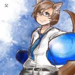  animal_ears bad_id bad_pixiv_id boxing_gloves brown_hair female glasses grey_eyes junior_(namatamemisa) kangaroo kangaroo_girl necktie personification roger_(tekken) shirt short_hair solo tail tekken 