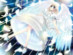  angel_wings birdcage blue_eyes cage dress feathered_wings feathers female flying open_mouth original ribbon short_hair solo wings ywaka 