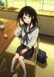  bag black_hair blurry book cactus chair chitanda_eru depth_of_field female globe highres hyouka indoors kadowaki_miku kamiyama_high_school_uniform_(hyouka) kneehighs knees_together_feet_apart long_hair official_art open_mouth pleated_skirt purple_eyes ruffling_hair school_uniform serafuku shoes sitting sitting_sideways skirt smile socks solo tea uwabaki white_socks 