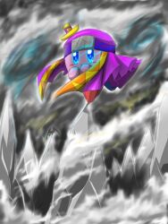  bad_id bad_pixiv_id blue_eyes cloud forehead_protector glowing glowing_eyes gurifon katana kirby kirby_(series) lightning meta_knight mountain ninja no_humans star_(symbol) sword weapon wind 